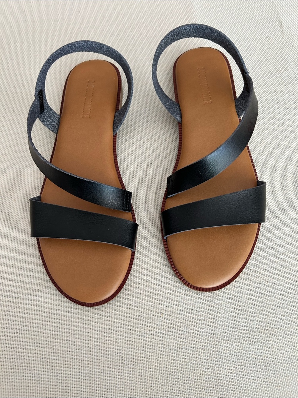 Women's Black Double-Strap Flat Sandals with Tan Footbed